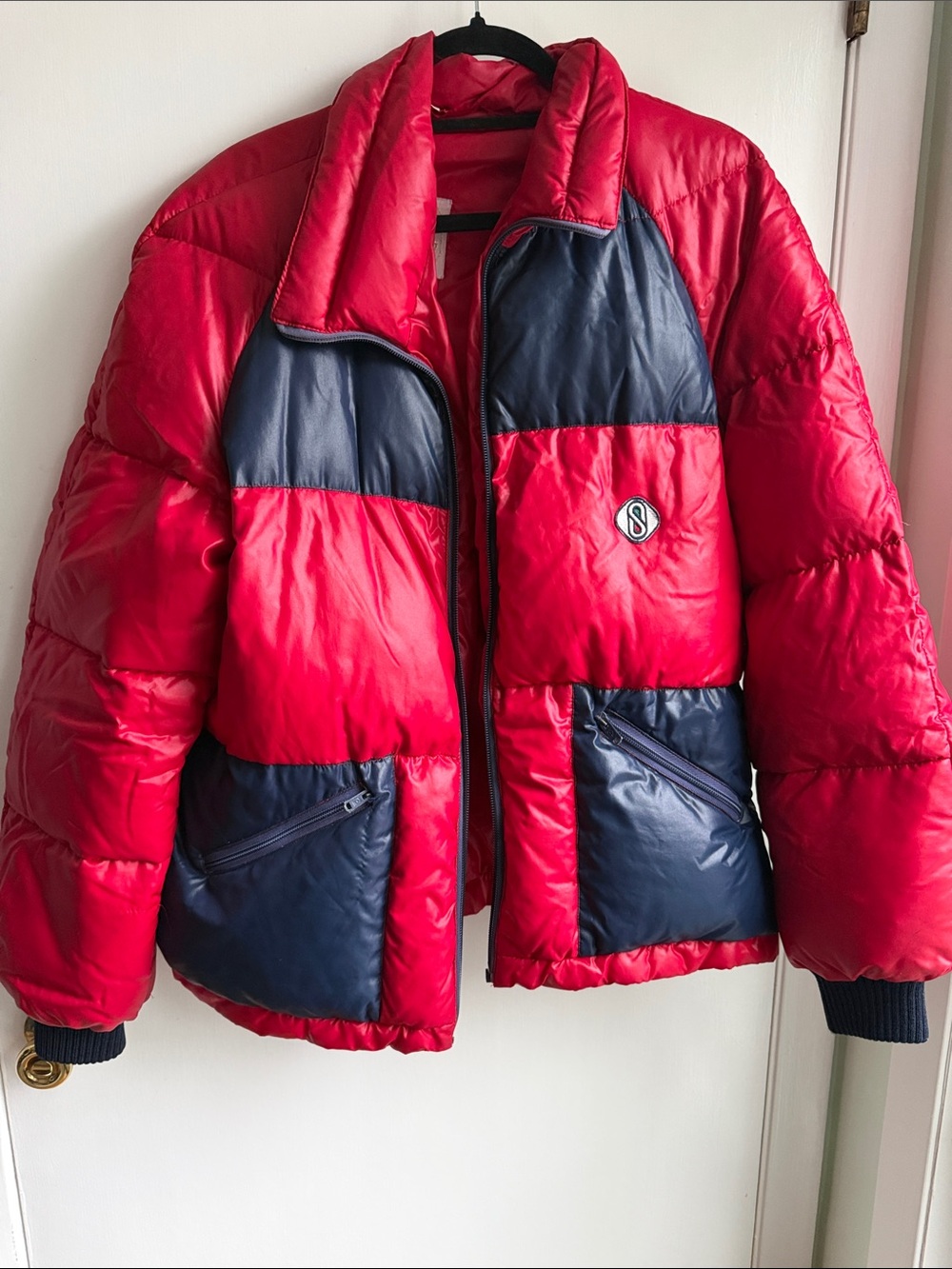 Vintage Red & Navy Colorblock Puffer Bomber Jacket - One of a Kind